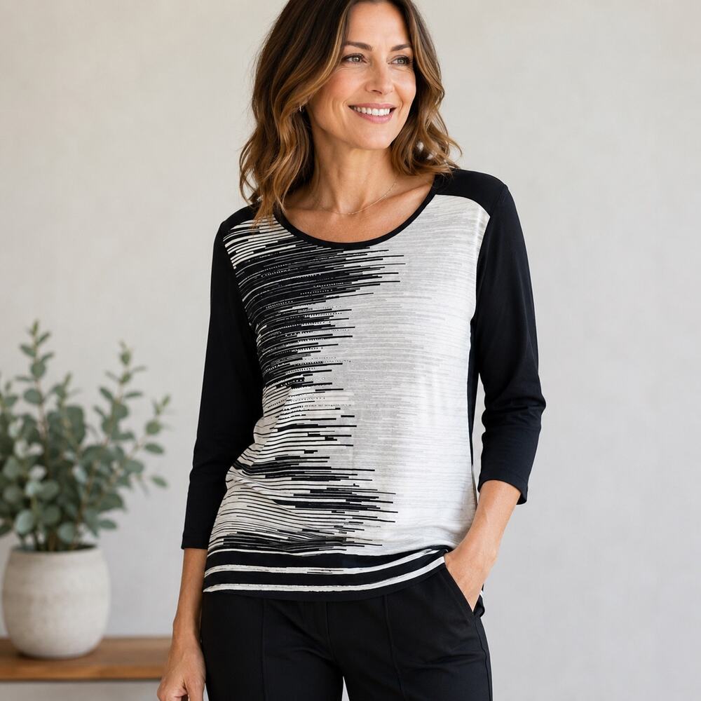 CB Womens Knit Blouse Medium Black White Ombre Rhinestones 3/4 Sleeve Shirt NWT